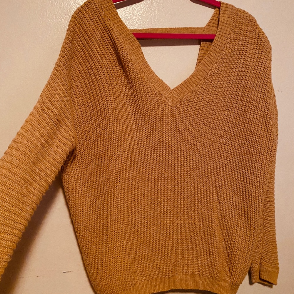 F21 Brown Oversized Knit Sweater w/ Low V Neck